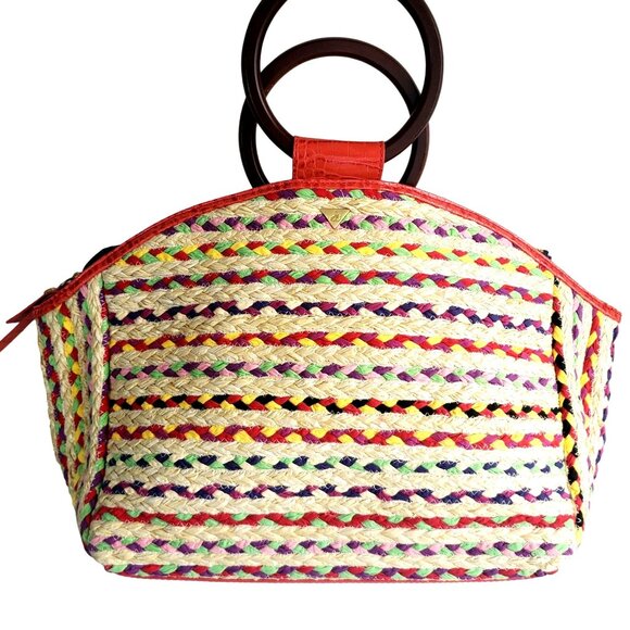 Sam Edelman Woven Gwendolyn Tote Handbag NWT Leather With Wood Handles Tassle - Picture 7 of 15